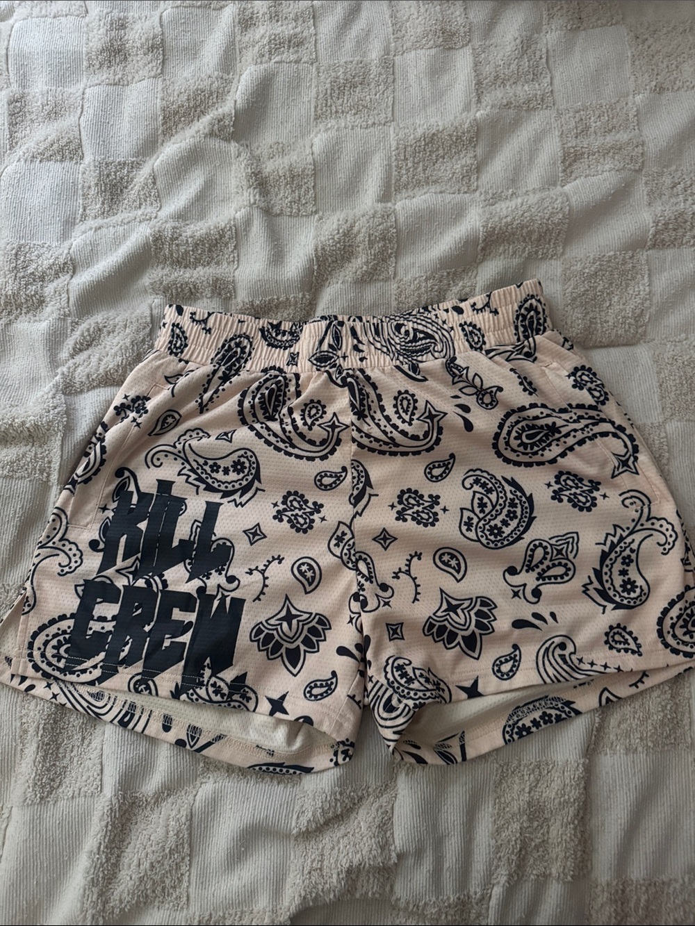 Kill Crew Beige Paisley Athletic Shorts with Black Graphic